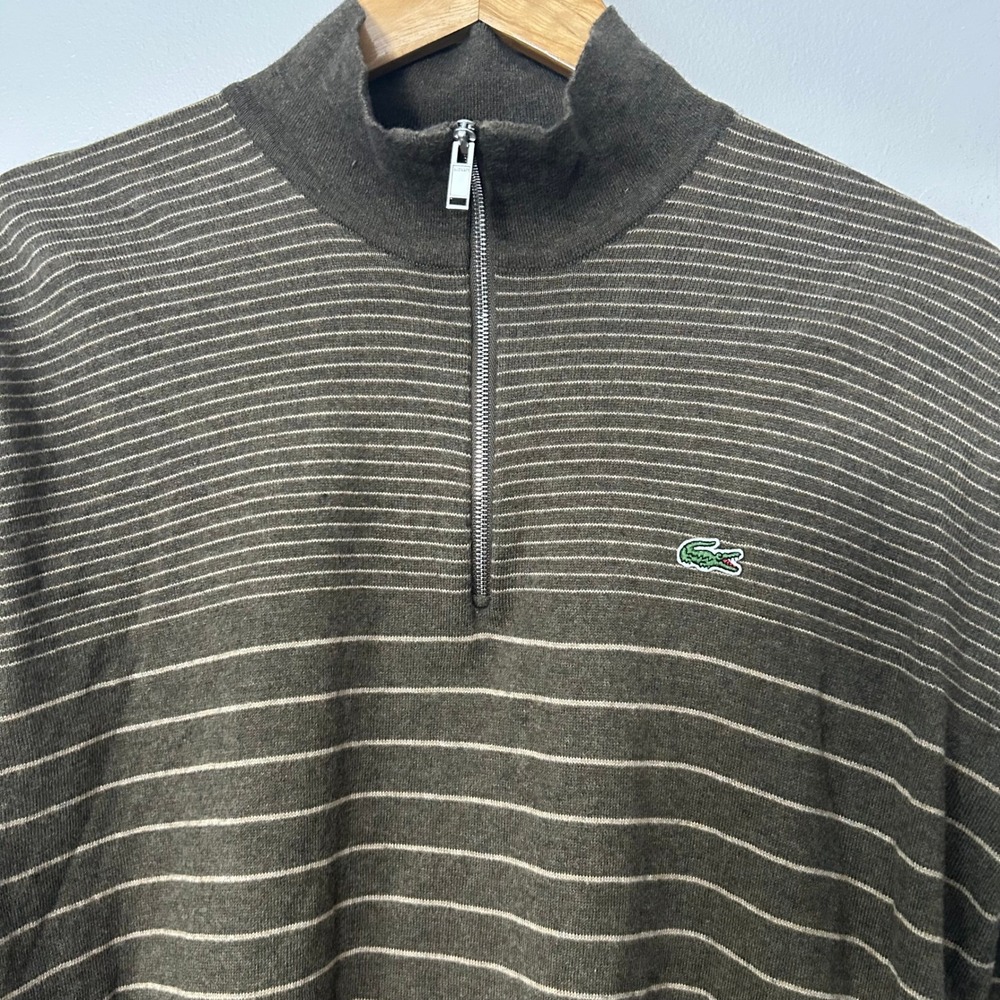 Lacoste Sweater Men 5 Large Brown Striped 1/4 Zip Cotton Cashmere Pullover